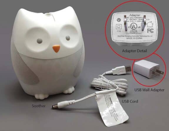 The recalled Skip Hop soothers have a USB wall power adapter and cord.