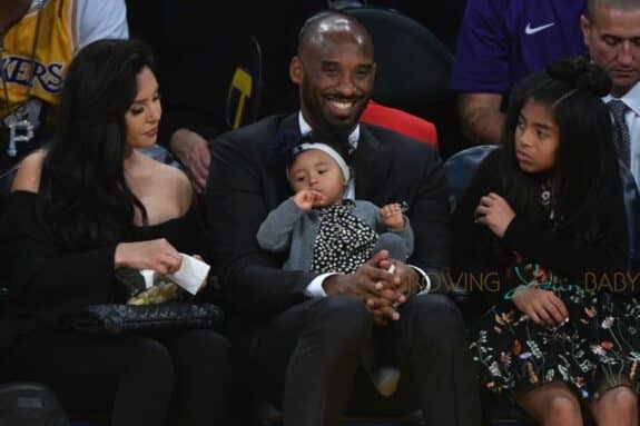 Kobe Bryant court side with daughters Natalia Diamante Bryant, Gianna Maria-Onore Bryant, Bianka Bella Bryant, wife, Vanessa Bryant