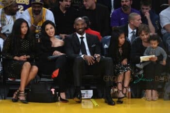 Kobe Bryant court side with daughters Natalia Diamante Bryant, Gianna Maria-Onore Bryant, Bianka Bella Bryant, wife, Vanessa Bryant and mother in-law, Sofia Laine