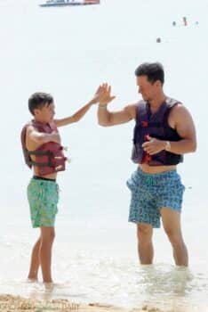 Mark Wahlberg take the jet ski out in Barbados with his son