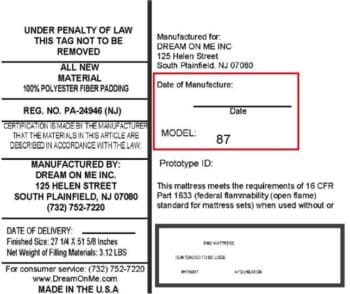 Mattress label with date of manufacture and model number