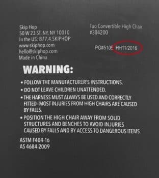 The date codes HH10:2016, HH11:2016, HH3:2017, HH4:2017 can be found on the back of the chair.