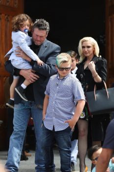 Gwen Stefani and Blake Shelton leave church with the singer's kids Apollo and Zuma
