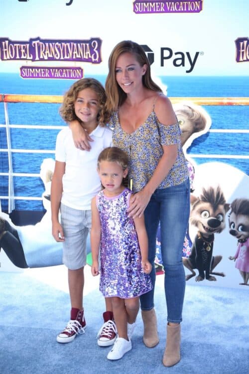 Kendra Wilkinson with kids Hank Jr and Alijah at at the premiere of Hotel Transylvania 3 Summer Vacation