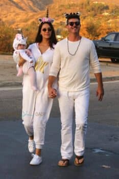 Robin Thicke and April Love Geary take their infant daughter Mia out for Halloween in Malibu.