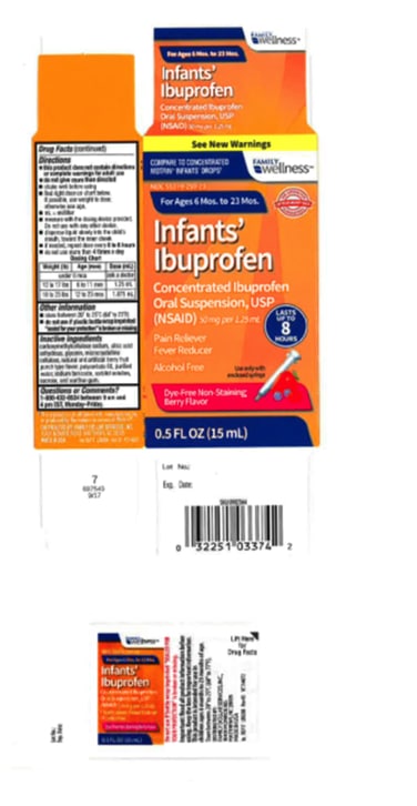 Family Wellness Infants Ibuprofen Concentrated Oral Suspension, USP (NSAID), 50 mg per 1.25 mL, 0.5 oz. bottle