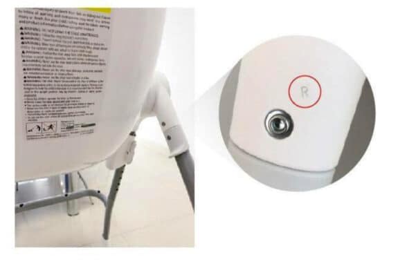 Oribel Cocoon High Chair recalled Due To Fall and Injury Hazard - R on back of leg