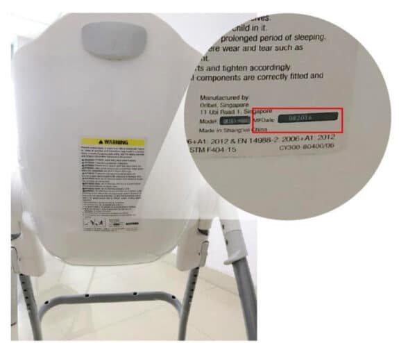 Oribel Cocoon High Chair recalled Due To Fall and Injury Hazard - serial number on back of highchair