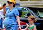 Chelsea Clinton showed off her huge baby bump while grabbing lunch at Shake Shack with her daughter Charlotte on Saturday, July 13th, 2019.
