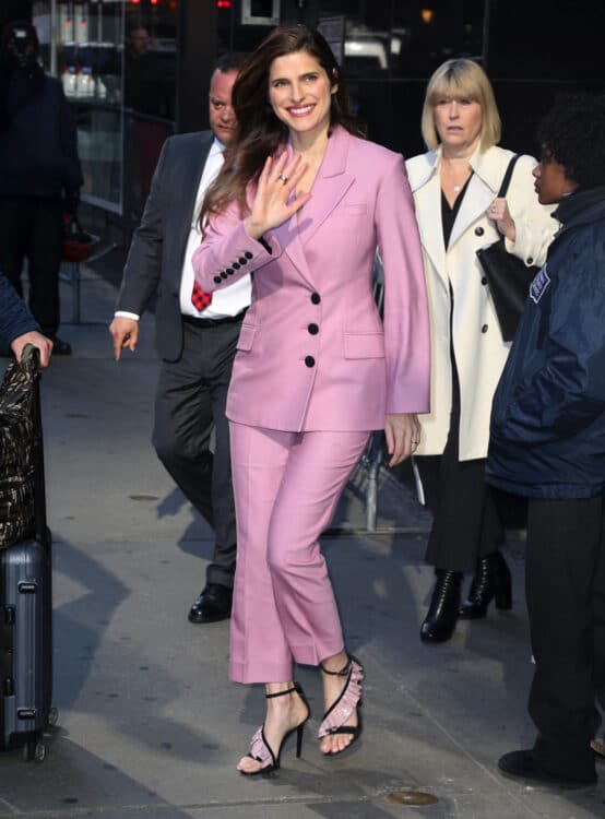  Lake Bell is pretty in a pink pant suit outside of GMA 