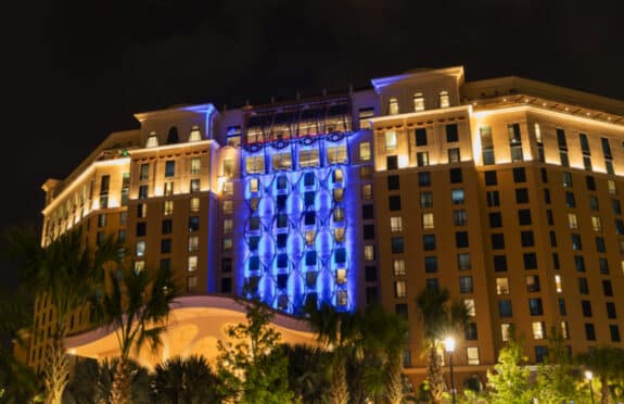 New Gran Destino Tower at Coronado Spring Walt Disney World - at night
