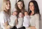 Judit Minda with her triplets and sisters