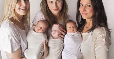 Judit Minda with her triplets and sisters