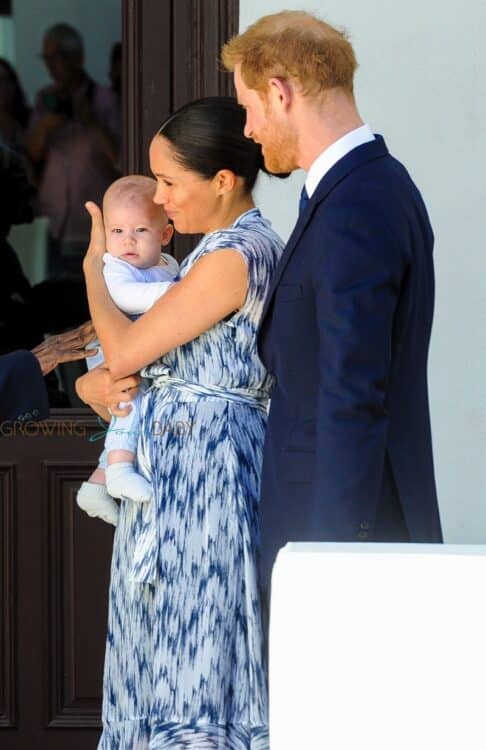 Prince Harry and Meghan Markle are seen holding their baby son Archie, during the visit to Archbishop Desmond Tutu at the Desmond & Leah Tutu Legacy Foundation in Cape Town, South Africa.