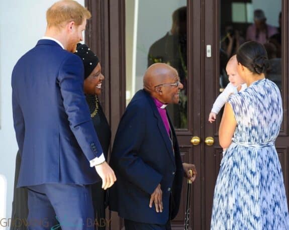 Prince Harry and Meghan Markle are seen holding their baby son Archie, during the visit to Archbishop Desmond Tutu at the Desmond & Leah Tutu Legacy Foundation in Cape Town, South Africa.