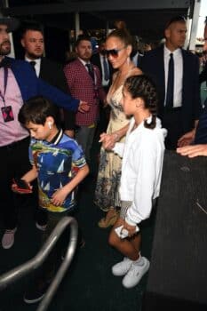Jennifer Lopez attends the 2020 Pegasus World Cup Championship with her kids Max and Emme
