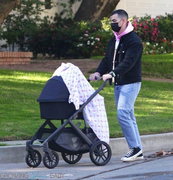 Joe Jonas baby Willa in an Uppababy vista