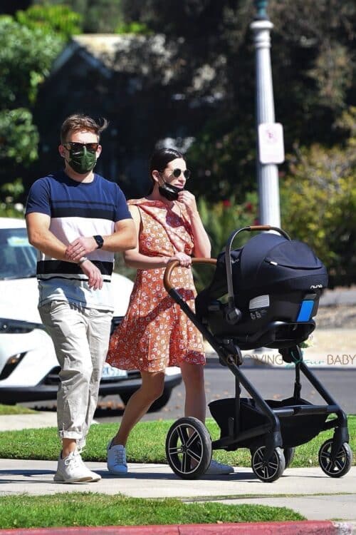 Lea Michele takes a stroll with her beau and baby in Brentwood nuna