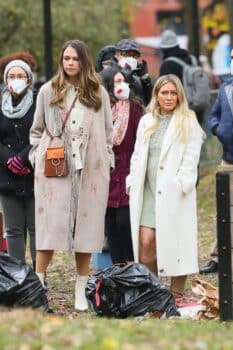 Hilary Duff and Sutton Foster film a scene for Younger in Tompkins Square Park