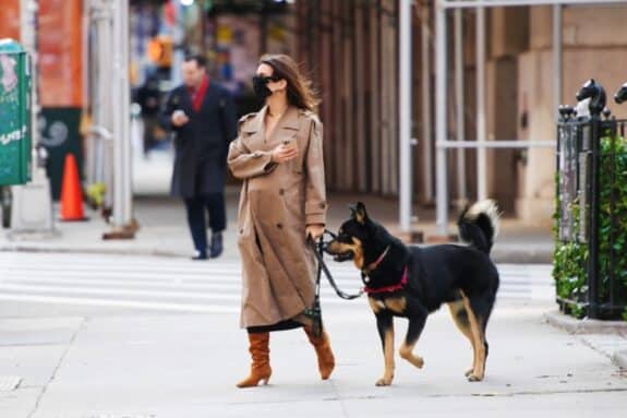 Emily Ratajkowski looks stylish in a trench coat as she shows off her growing baby bump while out for a walk