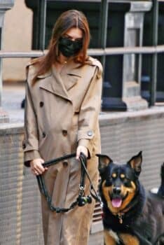 Emily Ratajkowski looks stylish in a trench coat as she shows off her growing baby bump while out for a walk