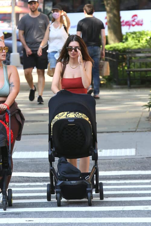 Emily Ratajkowski heads out with baby Sylvester Versace moman stroller