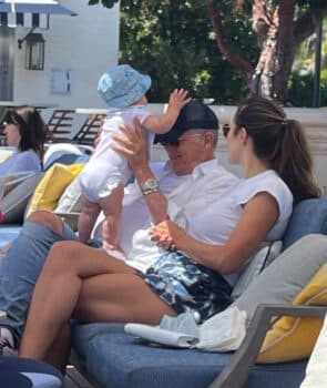 Katharine McPhee and David Foster hold their baby Rennie during a lunch outing in Montecito