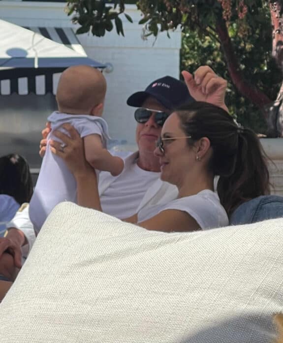 Katharine McPhee and David Foster hold their baby Rennie during a lunch outing in Montecito