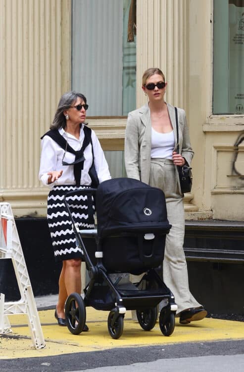New mom Karlie Kloss takes her newborn son Levi out for a stroll with her mother-in-law Seryl Kushner