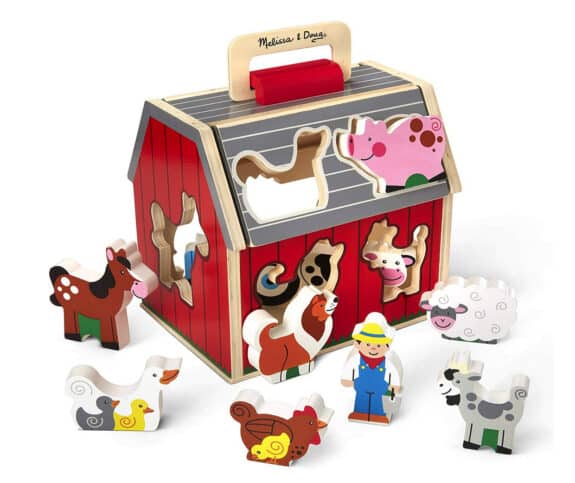 Melissa and Doug Wooden Take-Along Sorting Barn Toy with Flip-Up Roof and Handle