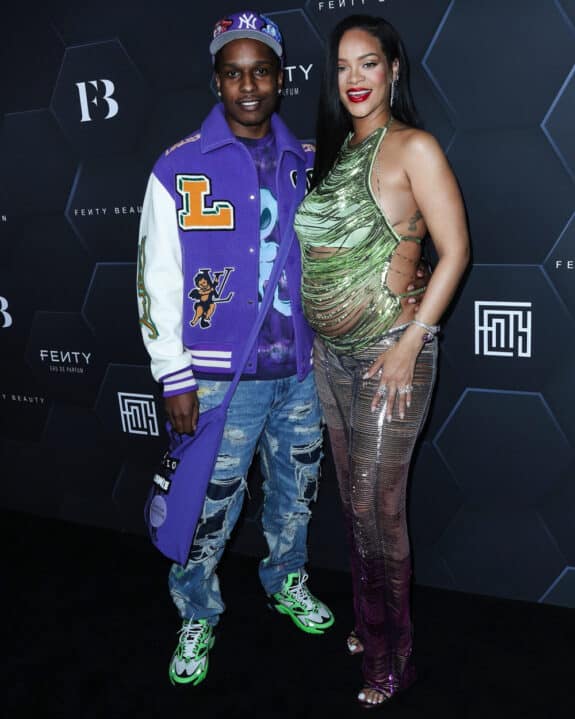A$AP Rocky and pregnant girlfriend Rihanna wearing The Attico at the Fenty Beauty And Fenty Skin Celebration