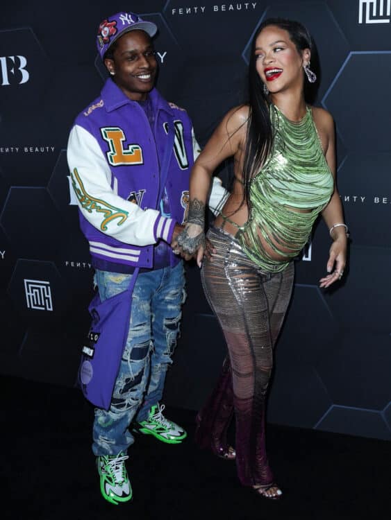 A$AP Rocky and pregnant girlfriend Rihanna wearing The Attico at the Fenty Beauty And Fenty Skin Celebration