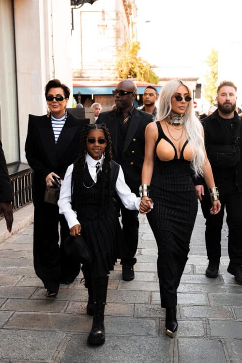 Kim Kardashian, North West, and Kris Jenner arrive at the Jean-Paul Gaultier fashion show in Paris