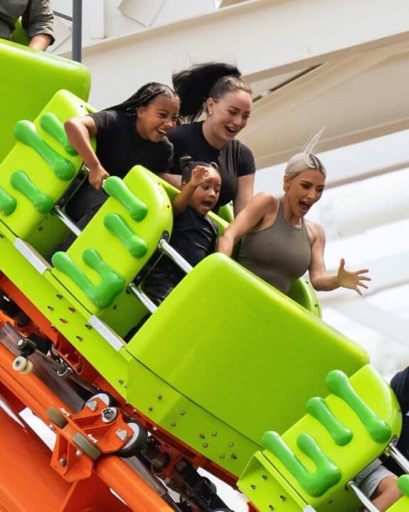 Kim Kardashian takes daughters North and Chicago on a roller coaster at the Nickelodeon theme park in NYC