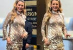 two images of pregnant blake lively wearing a gold dress with a baby bump