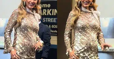 two images of pregnant blake lively wearing a gold dress with a baby bump