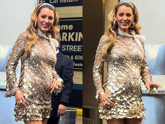 two images of pregnant blake lively wearing a gold dress with a baby bump