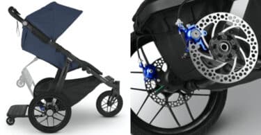 navy stroller and a close up of he stroller's brake disc