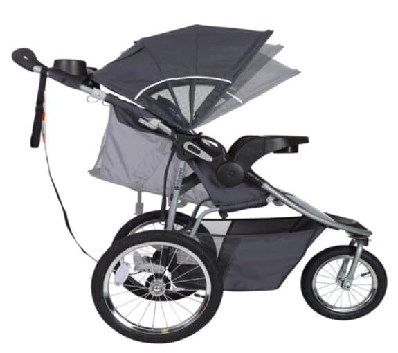 grey jogging stroller with seat reclined