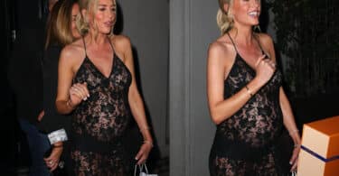 two images of heather rae young pregnant wearing a lace black outfit leaving craigs restaurant