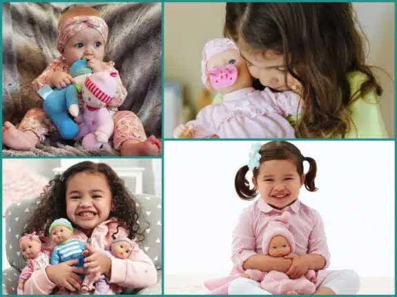 collage of pictures of kids holding baby dolls