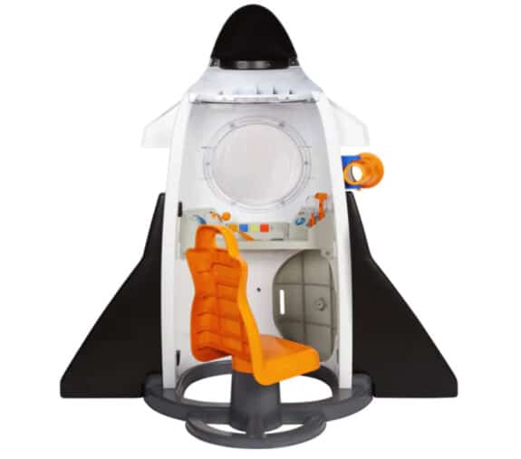 white toy rocket inside with chair and play panel 