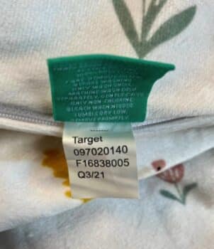 Recalled Pillowfort Weighted Blanket label located on the removable cover