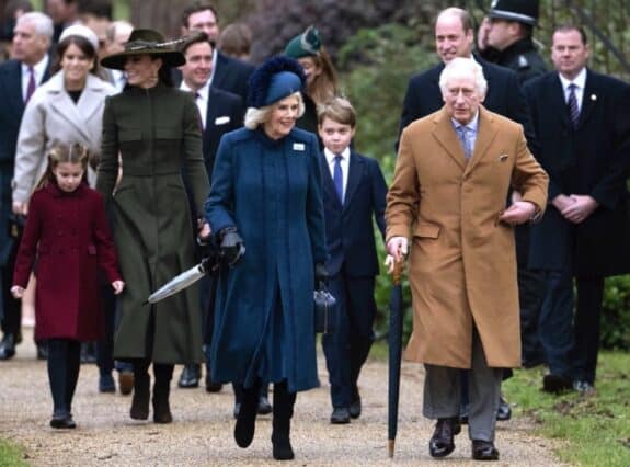 William Prince of Wales Catherine, Princess of Wales Prince George Princess Charlotte and Prince Louis attend xmas service with King Charles and Camilla on December 25th 2022