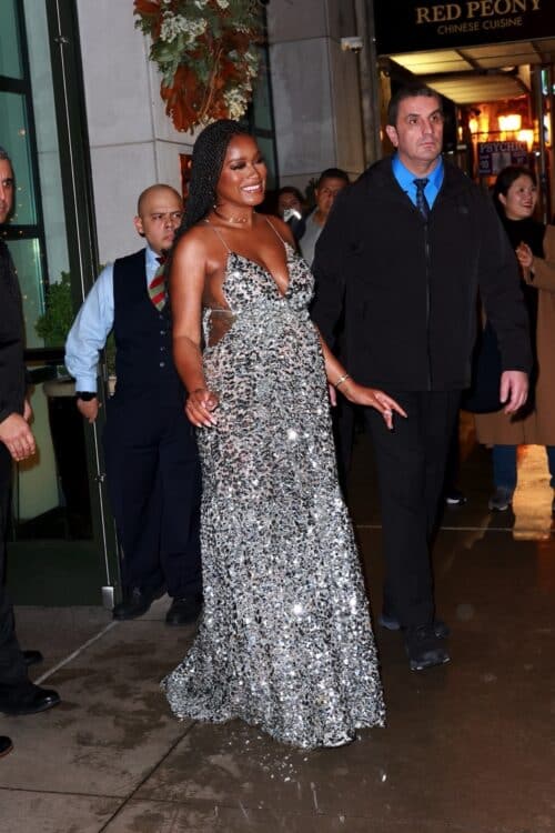 Pregnant actress Keke Palmer stuns in a shimmering silver dress as she exits The Whitby Hotel in New York.