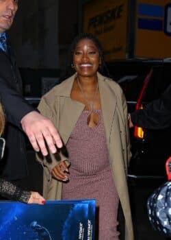 Pregnant actress Keke Palmer greets the media as she arrives at The Whitby Hotel.