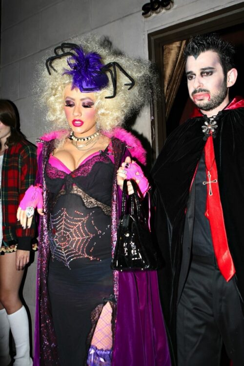 Pregnant Christina Aguilera and hubby in costume out at Hyde