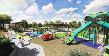 special needs park rendering showing kids engaging with the slides and spaces