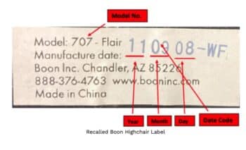 Boon Flair & Flair Elite highchairs serial label