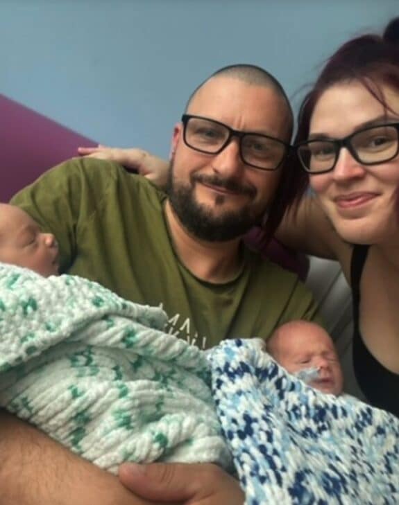 New parents with Jacob and Jaxon James at University Hospitals of North Midlands
